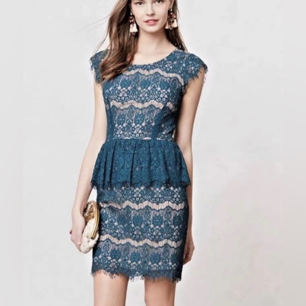 Maeve Elsa Peplum Lace Dress Women’s Size L Blue Anthropologie Spring Wedding